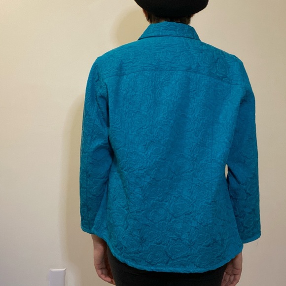 Peacock Blue Rose Printed 90s Jacket - Picture 4 of 7